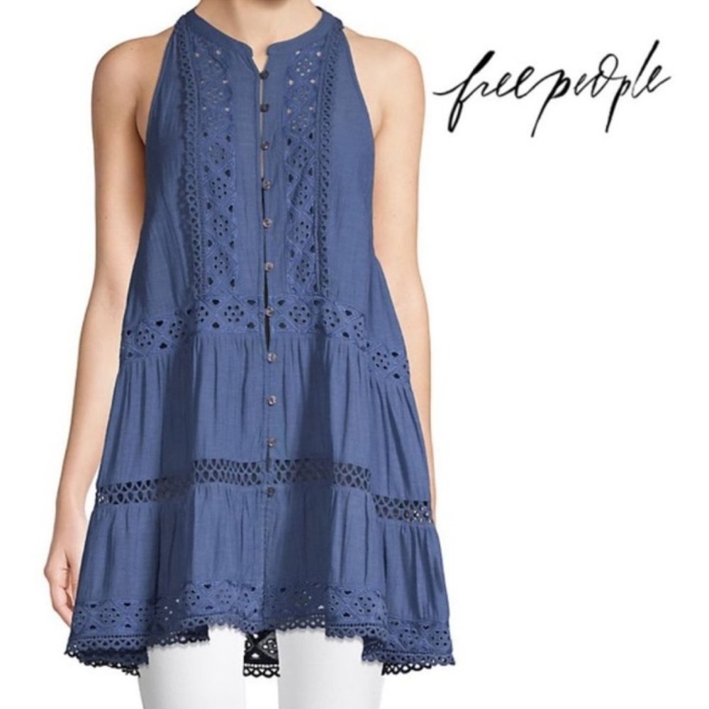 NWT Free People Adelaide Tunic Top Eyelet in Indigo Size L